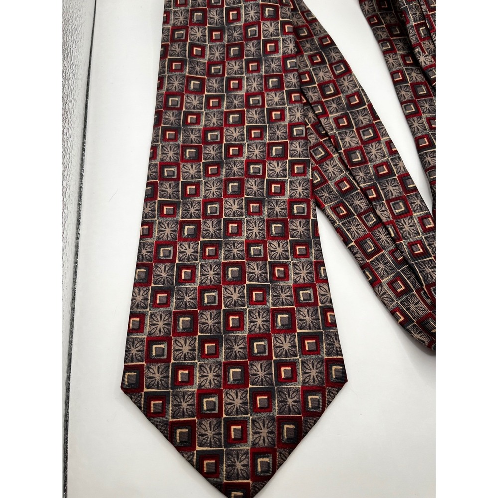 Albert‎ NIPON Silk Geometric Pattern Neck Tie Burgundy Gold Men's Accessory NWT